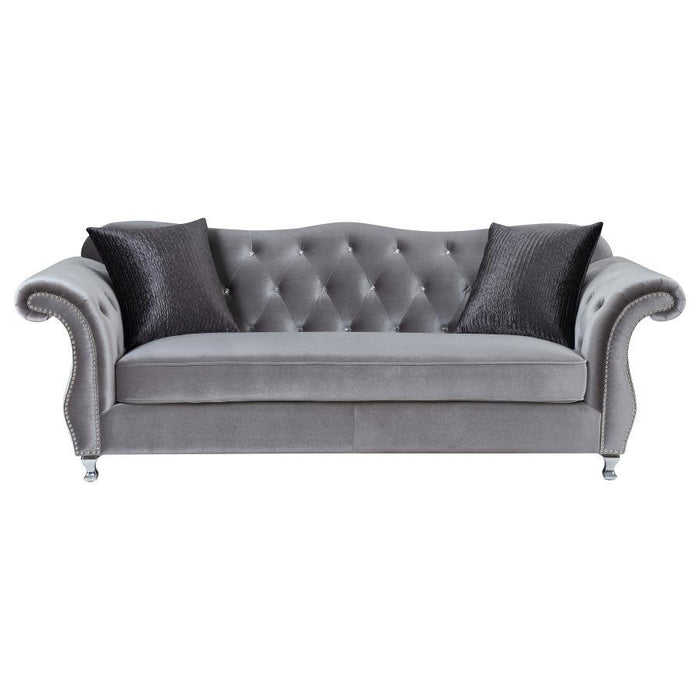 Frostine - Upholstered Rolled Arm Tufted Sofa - Silver