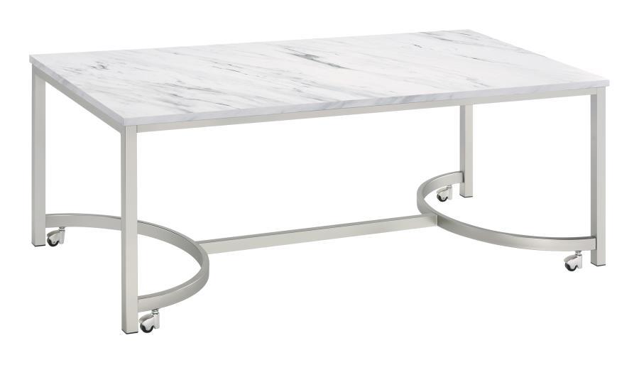 Leona - Coffee Table With Casters - White And Satin Nickel