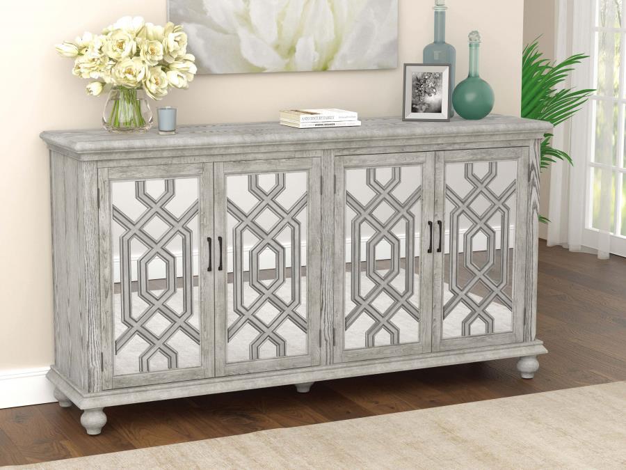 Melanie - 4 Door Wood Trellis Accent Cabinet - Distressed White